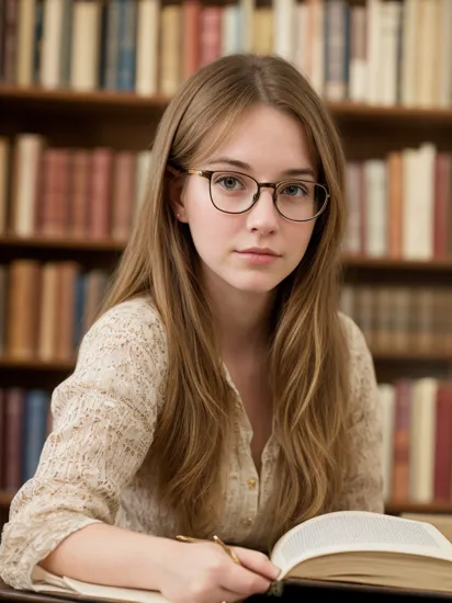 portrait photography of a college belle wearing gold wire glasses reading in the library,
