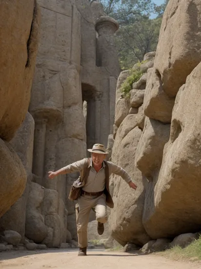 (Harrison Ford:1.1) as Indiana Jones, hat, running away from a giant round boulder, chasing him in ancient ruins, blurry, movie still, motion blur