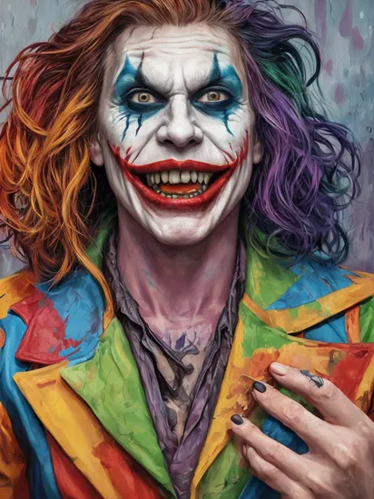 Art, reinvented, An alternative version of the Joker, A vibrant digital painting. vivid colors. American comic book cover art, 8k resolution. Extremely detailed. Award winning, ,holding a large butchers knife, girl, crazy eyes, tsundere, large knife, rain, long hair