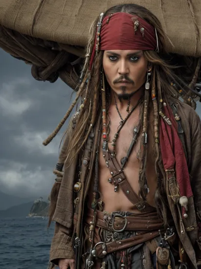 1boy,jack sparrow,pirate coat,masterpiece,realistic,, pirates_of_the_caribbean background, bandana,sad