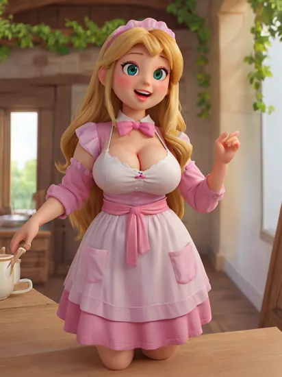masterpiece, best quality, 1girl, solo,  (rapunzel), veil, habit, open mouth, blush, smile, maid apron, apron, bow tie, collared shirt, blush, open mouth, cowboy shot, (large breasts:1.4), covered breasts, wide hip, narrow waist, curvy, mini skirt, 
cafe, Restaurant, depth of field, window, Foliage plant, 
looking at viewer,