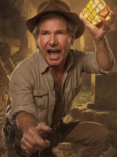 Oil painting,  Close up of  Harrison Ford as Indiana Jones,  mouth open,  gasping as he finds a large glowing radioactive Rubik's cube on an altar in abandoned,  ancient ruins, 