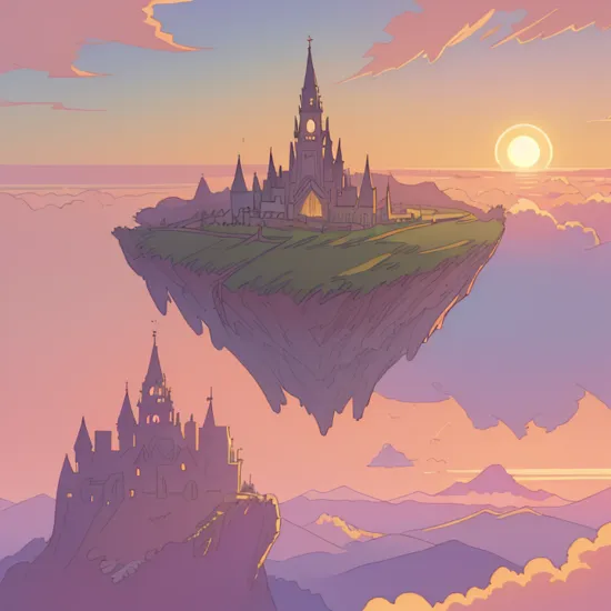 (Masterpiece), (best quality), (colorful), volumetric light, best shadows, 8k wallpaper, extremely detailed, (Hyperrealistic), absurdres, aesthetic, landscape, floating island, sunset, dappled sunlight, sky, beautiful detailed glow, wide angle, fantasy landscape, rapunzel tower,  above the clouds, sky, floating island, art by studio ghibli, 
