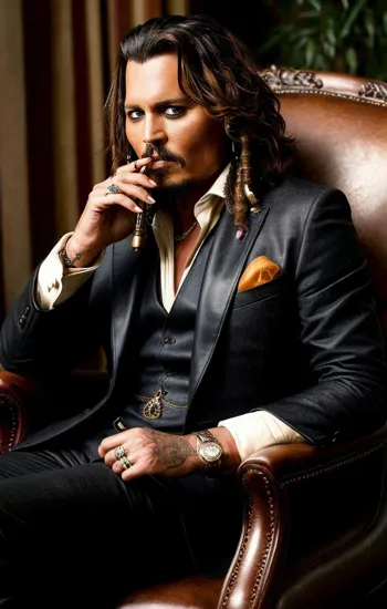 Johnny Depp, Charismatic man @JohnnyDepp, styled hair, dark suit with a cigar, sophisticated ambiance with a deep leather chair, fine drink in hand, rich colors and textures conveying opulence and charisma, an air of composed contemplation in a luxurious setting.