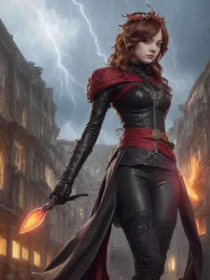 (1girl:1.3),
(full height:1.4),
(Emma Stone:1.5),
masterpiece, best quality, high detailed, sexy skimpy outfit,warrior,action,agressive,weapons,dynamic pose, (A master of arcane arts, a female human wizard is displayed (photorealistically:1.35), her figure bathed in the glow of a magical storm she's conjured in a library filled with ancient books and scrolls. A (gorgeous makeup:1.2) accents her focused expression as she controls the elemental forces with her staff. The vivid colors of the elements, the intricate detail of her robe, and the arcane symbols glowing around her, together with the environment rich in magical lore, capture the essence of a powerful wizard:1.5),
(in the style ofMichael Whelan:1.3),As female Joker from Persona 5, donning the stylish black and red Phantom Thief outfit, mask, and wielding a dagger, set against a vibrant cityscape or otherworldly palace, vivid colors, high-resolution, 8k quality, detailed environment, true to the Persona 5 series, captivating and stylized illustration.,Fingerless gloves: Gloves that leave the fingertips exposed, made of leather or lace, often worn with biker chick or punk-inspired outfits.,Wavy hair with a floral crown: Soft, natural waves with a floral crown placed on top, creating a romantic and dreamy look.,
 epic fantasy character art, concept art, fantasy art, a character portrait, fantasy art, vibrant high contrast, trending on ArtStation, dramatic lighting, ambient occlusion, volumetric lighting, emotional, Deviant-art, hyper detailed illustration, 8k, gorgeous lighting, ,glasstech,transparent,scifi
