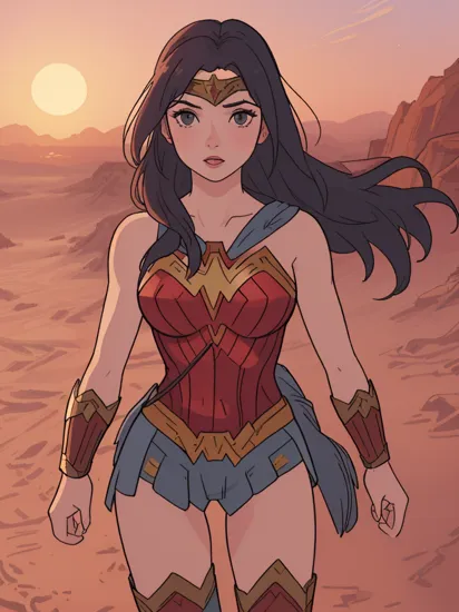 a photo of a gorgeous S041_JoleeLove, as (Wonder Woman), in a (desert:1.3), (sunset), (8k, RAW photo, best quality, ultra high res, photorealistic, masterpiece, ultra-detailed, Unreal Engine)