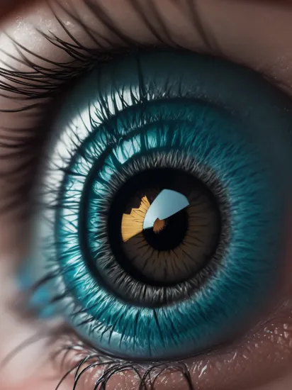 Macro photography of an eye, in which the Irish is made of an thin arrangement of strands of metal, nanotechnology, which forms a high-tech electronic circuit, and the pupil of an eye is made of a robotic sensor, teal and gold, Perfect eyelids , miki asai photo, high_res