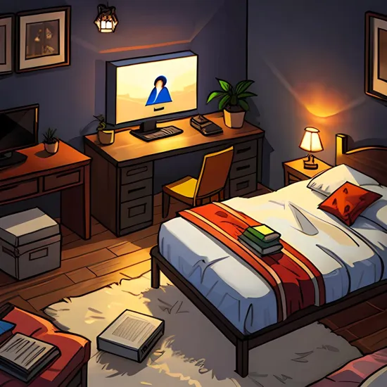 Detailed isometric bedroom, video games, very cozy, nostalgia, unreal engine voxel render