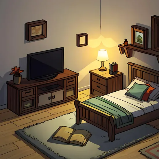 Detailed isometric bedroom, video games, very cozy, nostalgia, unreal engine voxel render