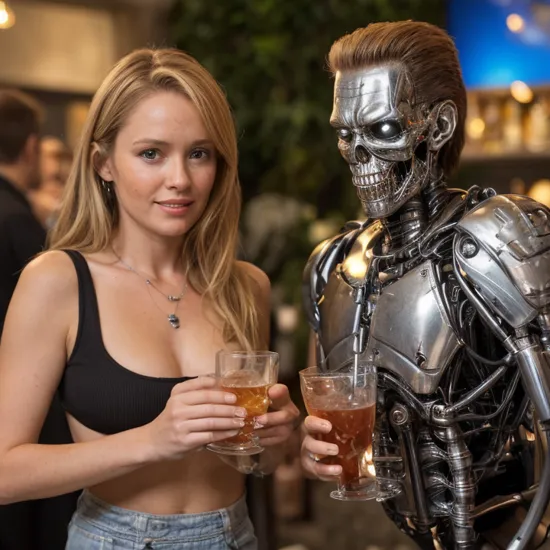 terminator serving drinks and canapes at a party,  realistic, highly detailed