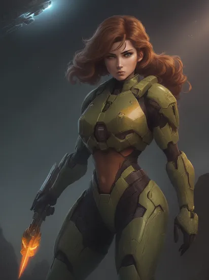 A stunning digital painting of (dld_lcaprice:1.4),masterpiece, best quality, high detailed, sexy skimpy outfit,warrior,action,agressive,weapons,dynamic pose, (As female Master Chief from Halo, imagine her in a futuristic, full-body armor, amidst the cosmic background of a war-torn planet. This epic, high-resolution masterpiece will capture her resolve and tactical brilliance, resulting in a compelling, space-warfare-filled, iconic artwork in an astonishingly realistic, highly immersive 8K quality.:1.5),(in the style of Hajime Sorayama:1.3),(A pair of bold, retro-inspired sunglasses that shield her eyes from the sun while simultaneously adding a touch of glamour to her overall look.:1.6),A retro-inspired bouffant style with hair teased high at the crown and styled in loose curls at the ends.,epic fantasy character art, concept art, fantasy art, a character portrait, fantasy art, vibrant high contrast,trending on ArtStation, dramatic lighting, ambient occlusion, volumetric lighting, emotional, Deviant-art, hyper detailed illustration, 8k, gorgeous lighting,  ,vamptech ,rifle, android,