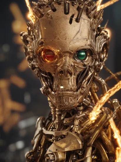 close up, realistic golden (metallic endoskeleton\(terminator\):1.2), (intricate:1.1) futuristic cyborg,silver metallic,( rusted , damaged, cracked parts:1.3), (electric spark, layered complicated android:1.4),(complicated wires on head:1.4), angry, glowing red eyes,look at viewer, realitstic detail, burning, explosion, smoke, clouds, much lightning, realistic metal texture,  cinematic lighting, best quality