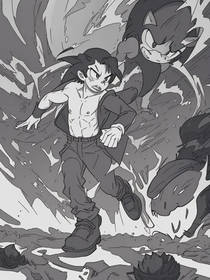 a sonic the hedgehog demon with the body of a man and the head of a hedgehog running quickly,grayscale,monochrome,art by llbreton,