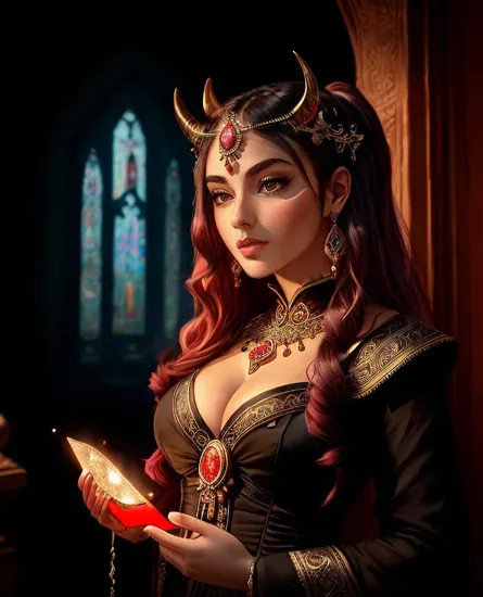 Arcane priestess @CVNeo, poised in contemplative grace, (ornate horns adorned with red jewels), her silhouette draped in rich crimson, a luminescent orb cradled in her hands, (a backdrop of gothic windows), her face a mask of serene meditation, (dark hair styled with cultural reverence), surrounded by the glow of candlelight, in a sanctuary where silence is a language, (the play of light casting an ethereal aura), embodying the ancient rites and whispered prophecies of her lineage.