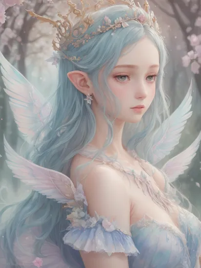 Princess girl with wing, blue, pastel, glitter, dramatic, dreamy, pastel, Watercolor, Whimsical, delicate, crown of shells, Trending on Artstation, Highly detailed, Intricate, Portrait, digital painting, Fantasy theme, Fantasy robes, Conceptual fantasy art, Fantasy character art, Presumptuous, Teen, perfect body, whole body, dreamer, pastel, Watercolor, Whimsical, Delicate, shell crown, art by loish and lois van baarle, Trending on Artstation, Highly detailed, Intricate, Portrait, digital painting, fabulously beautiful elf fairy, luminous wings, cute, 8k, ((masterpiece)), (best quality), (detailed), Beautiful, large, charming eyes, Beautiful, goddess, nature girl, queen, Hyper realistic, HD, cards