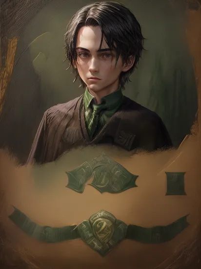 ("Slytherin" crest: 1.4) , (oil painting) portrait of an enigmatic teenager with shoulder-length black hair in the Harry Potter universe, black eyes, he is wearing a black cloak, mysterious personality, elusive, sharp image, black background