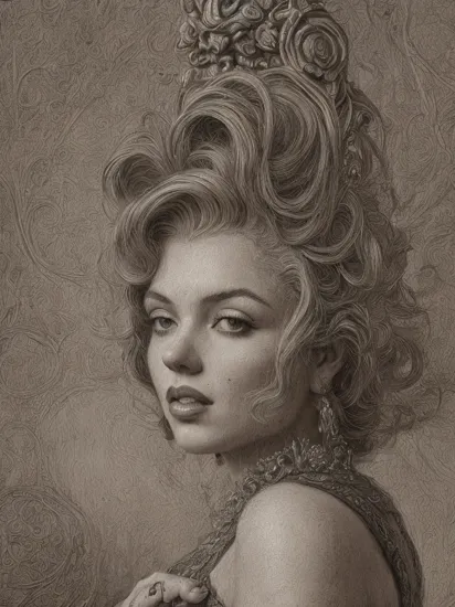 Stunningly beautiful goddess (mix of Vanessa Ferlito | Marilyn Monroe), (character splash art:1.2), model pose, 
Baroque Brilliance & Beyond, Engraving inspired by the style mix of [Gustave DorÃ© | Albrecht DÃ¼rer | Rembrandt] in the style of (meticulous line work, chiaroscuro techniques, dramatic contrasts, rich ornamentation, depth through shading, intricate detailing, religious narratives, allegorical figures, textural crosshatching, atmospheric etching, intense emotive expressions, precise stippling, dense compositions, classical themes, detailed landscapes, architectural elements, character studies, intricate natural motifs, symbolic inclusion, regal flourishes).
by Satori Cantonð§¸