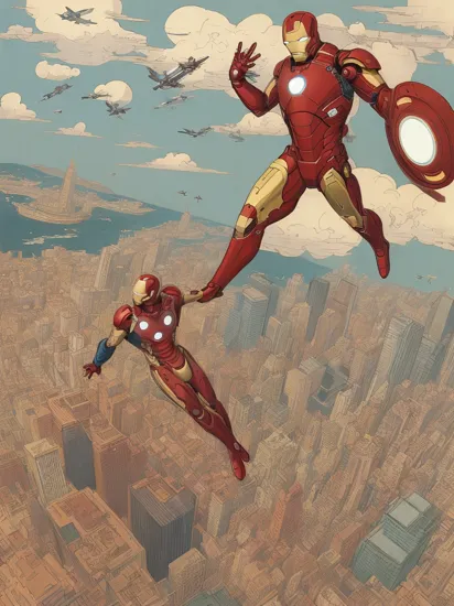 iron man flying over the city, by Feng Zikai 