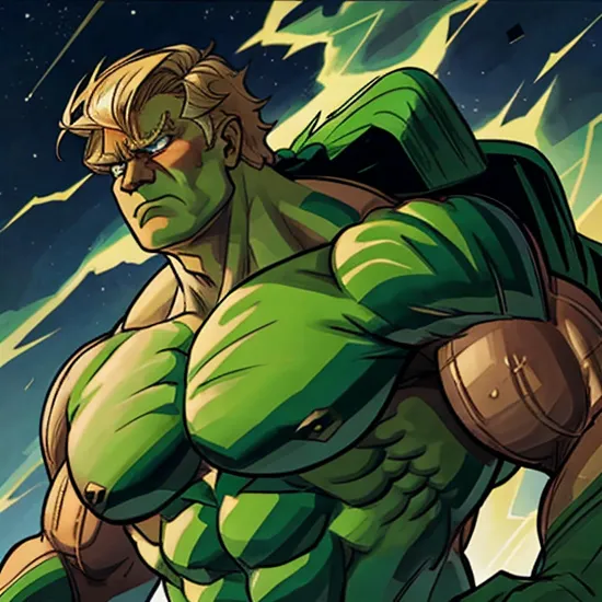 The Hulk Donald Trump, with his colossal green form, is the very picture of uncontrollable power. His immense body ripples with muscles, each movement displaying the potential for earth-shaking destruction, yet his eyes occasionally show the struggle of the gentle genius within the beast.