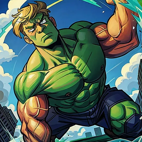 The Hulk Donald Trump, with his colossal green form, is the very picture of uncontrollable power. His immense body ripples with muscles, each movement displaying the potential for earth-shaking destruction, yet his eyes occasionally show the struggle of the gentle genius within the beast.