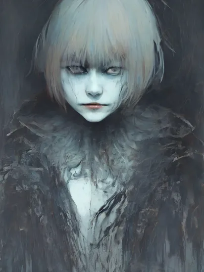 super cute blond woman in a dark theme , by Tsutomu Nihei,(strange but extremely beautiful:1.4),(masterpiece, best quality:1.4),in the style of nicola samori,The Joker