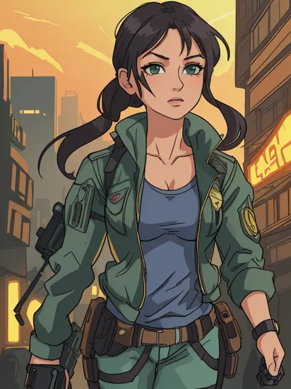 Lara Croft, cyberpunk style, digital artwork, detailed anime,cybernetic implants, cyberwear, dystopian city, volumetric lighting, intricate , high quality,  Colorsplash, ,   ,  ,   ,  