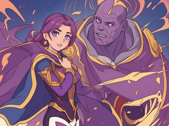 An amazing illustration of Thanos and a woman, couple, bald man, purple cape, fantasy, dynamic angle, dynamic pose
 