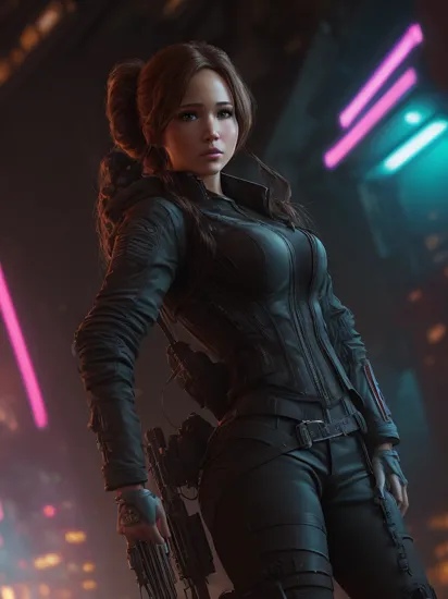 professional 3d model Katniss Everdeen from The Hunger Games, (reimagined in a cyberpunk universe), (cyberpunk style), (cyberpunk), cyberpunk outfit, punk hair, (augmentation), (cybernetics), glowing neon lights, cinematic scene, hero view, action pose, beautiful 8k, detailed background, masterpiece, best quality, high quality, absurdres, vivid.. octane render, highly detailed, volumetric, dramatic lighting