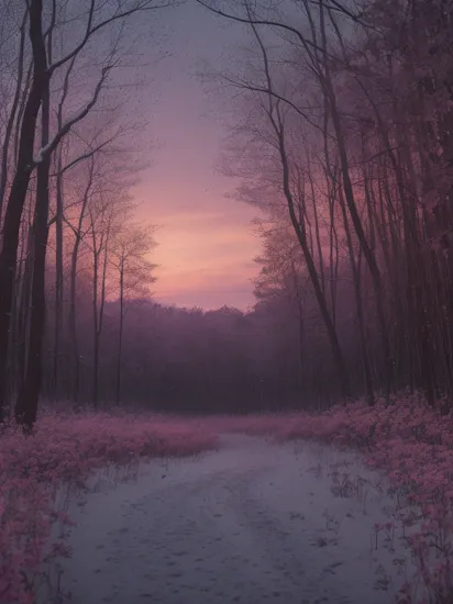 photo RAW,(pink purple sunset in a forest with fireflies and flowers everywhere and very light snow falling from the sky,Realistic, realism, hd, 35mm photograph, 8k), masterpiece, award winning photography, natural light, perfect composition, high detail, hyper realistic, (composition centering, conceptual photography)