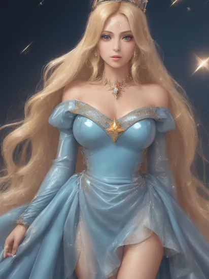 professional detailed photo, (samus aran:1.2) dressed in (latex (Rosalina off-the-shoulder blue dress:1.2), (long puffy blonde hair), (jewelry, blue off-the-shoulder dress, blue dress, princess crown, jewel brooch, long wide sleeves), (perfect face, beautiful face, symmetric face), (shiny glossy translucent clothing, gleaming oily latex fabric :1.1), (sparkles, sparkling hair, sparkling clothes, sparkles around face:1.3), (Egyptian makeup:1.2),  
8k, RAW photo, photo-realistic, masterpiece, best quality, absurdres, incredibly absurdres, huge filesize, extremely detailed, High quality texture, physically-based rendering, Ray tracing,