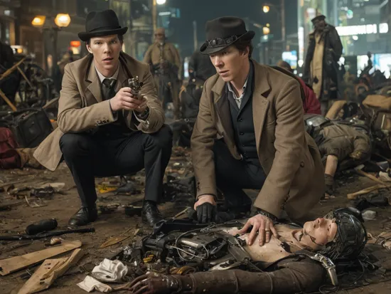 crime scene with Benedict Cumberbatch as Sherlock Holmes leaning over a dead cyborg, detective hat, cyberpunk style     