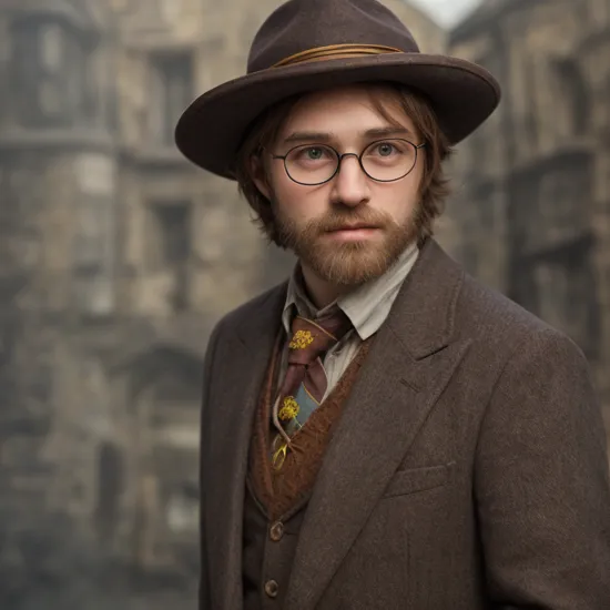 portrait of sks man dressed like (Harry Potter:1) with hat, glasses and detailed environment, high detailed face, 8k,
