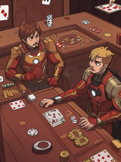 Photorealistic 8K, Iron Man and Batman sitting at a luxurious poker table, high-stakes chips and cards spread out. Intense, focused expressions. Background featuring Jarvis and Alfred as dealers. Highly detailed, modern lighting