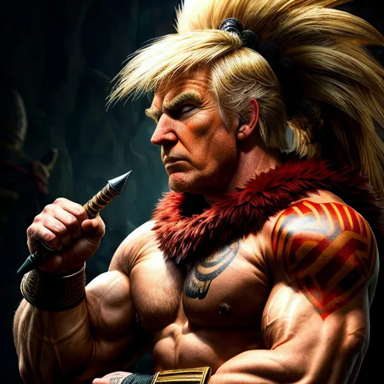 Fierce warrior, (muscular build), ((intense male Donald Trump)), tribal tattoo, battle-ready stance, mythical creature helm, foreboding expression, (ancient weapon), traditional arm guards, (spirited determination), primal aura, (warrior's gaze), ceremonial paint, vivid backdrop, elemental swirls.