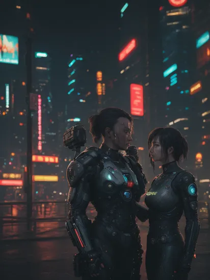 Two people, Cortana and Master Chief romantically engaging each other, 
cyberpunk cityscape in the background, cyberpunk surroundings, futuristic cyberpunk art style, multicolor neon lights, night time, water reflections, dark atmosphere,
cinematic action shot, raw photo, HDR colors,
masterpiece, best quality, high quality, intricate, ultra detailed, 16k, highres, absurdres   , RAW candid cinema, 16mm, color graded portra 400 film, remarkable color, ultra realistic, textured skin, remarkable detailed pupils, realistic dull skin noise, visible skin detail, skin fuzz, dry skin, shot with cinematic camera