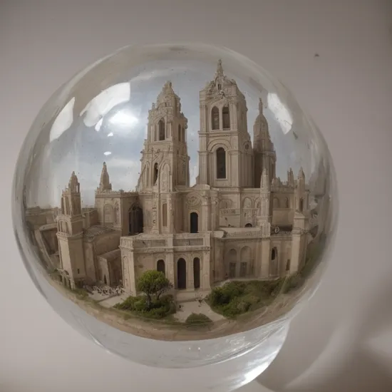 Cathedral of Matera inside a glass bubble. Bubble is placed on marble windowsill. Extremely detailed, 8K, apocalyptic punk style, miniatures, macro photography in close-up.