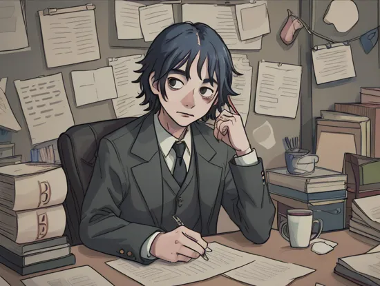 a haunted moody photo of Joker sitting at the table surrounded by documents piles,  [messy office table with pc and giant towering piles documents,cup of coffee on the table],[faded color palette],lots of (floating shredded papers and dust in the air), floating particles vfx, dreamy depth of field bokeh