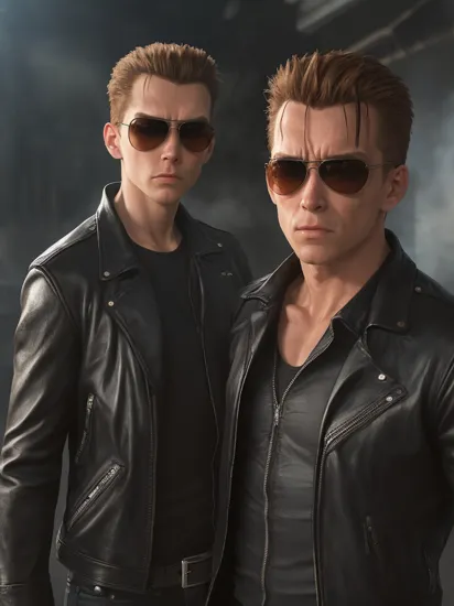 Terminator 2: Judgement Day themed party, costumes, photorealistic, realistic lighting