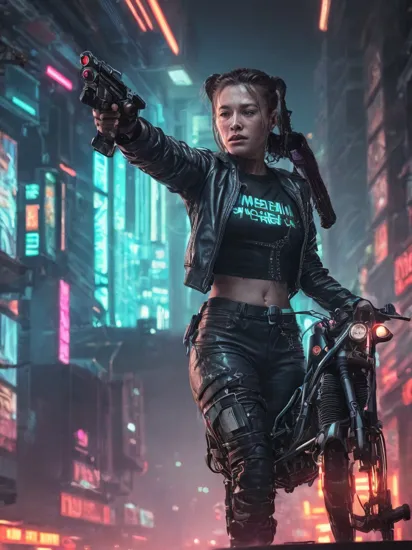 hologram of Sarah Connor from Terminator, (reimagined in a cyberpunk universe), (cyberpunk style), (cyberpunk), (cyberpunk outfit), (punk hair), (augmentation), cybernetics, glowing neon lights, cinematic scene, hero view, action pose, beautiful 8k, detailed background, masterpiece, best quality, high quality, absurdres, vivid. floating in space, a vibrant digital illustration, dribbble, quantum wavetracing, black background, behance hd,