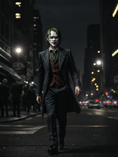  the joker walking through streets of new york, stunning photo, dark moody aesthetic, at night, city lights in background. surreal, 8k