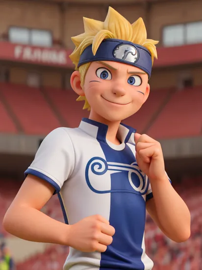 best quality, 1boy, uzumaki naruto, blonde hair, spiked hair, blue eyes, whisker markings, facial mark, forehead protector, , konohagakure symbol, upper body, looking at viewer, smile,(soccer), (soccer clothes), (tshirt), (short),(in a soccer stadium), closed mouth, cute smile, supporters, football, running <lora:Naruto:0.6><lora:more_details:0.4>