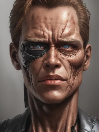 terminator, damaged face hyper realistic, highly defined, highly detailed