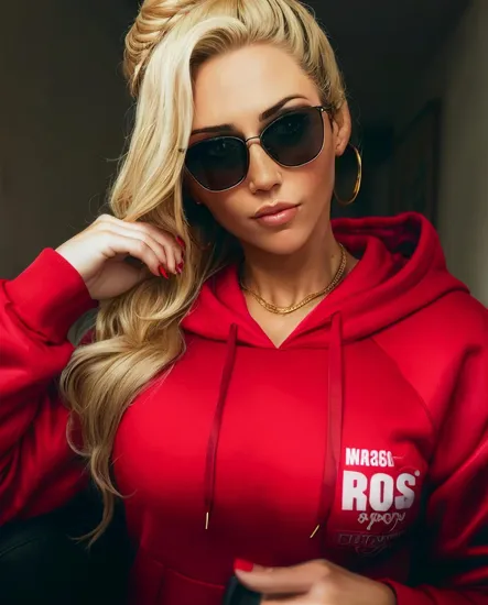 @Laura a badass gangster. Wearing an all red outfit. Reb baggy sweatpants. Red hoodie. Wearing gold jewelry. Gold blonde hair in a messy bun. wearing aviator sunglasses.