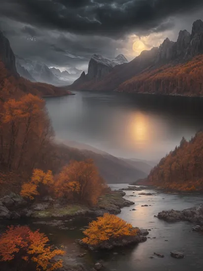 photo RAW,(autumn,mountains and a storm lake with a moon in the sky, old wooden slab home, 4k highly detailed digital art, 4 k hd wallpaper very detailed, impressive fantasy landscape, sci-fi fantasy desktop wallpaper, 4k wallpaper, 4k detailed hdr photography, sci-fi fantasy wallpaper, epic dreamlike fantasy landscape, 4k hd matte, 8k,Realistic, realism, hd, 35mm photograph, 8k), masterpiece, award winning photography, natural light, perfect composition, high detail, hyper realistic, (composition centering, conceptual photography), realistic, detailed, balanced, by Trey Ratcliff, Klaus Herrmann, Serge Ramelli, Jimmy McIntyre, Elia Locardi
