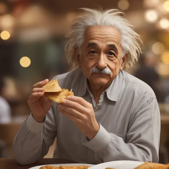 A photo of Albert Einstein eating Samosas, highly detailed, trending on artstation, bokeh, 90mm, f/1.4