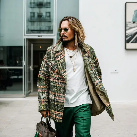@JohnnyDepp wearing Green, plaid, jacket, oversized, patchwork, beige, trousers, green, tote-bag, green, sneakers. Modern Art Gallery: Minimalist white walls, contemporary art, sleek design, abstract sculptures, polished floors. Contemporary framing, street style, architectural backgrounds, vibrant urban life, modern feel.