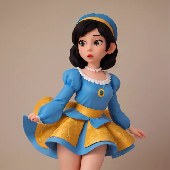 (masterpiece, best quality:1.1), (round logo:1.05), 1girl, solo, (snow white:1.1), from disney's snow white and the seven dwarfs, blue and white, black hair, yellow and blue dress, brown eyes, red hairband, bow, puffy sleeves, gradient background, simple background