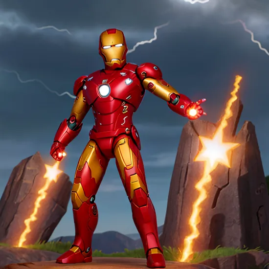 masterpiece, Iron Man standing menacingly on a dark background with lightnings behind him, thick black outline
