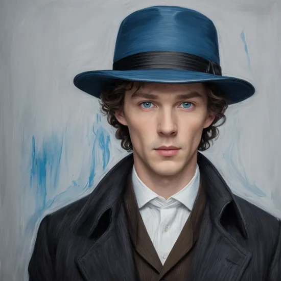 (masterpiece, best quality:1.1), pxint, 1boy, male focus, serious face, looking at viewer, (sherlock holmes:1.05), black and grey, pale and narrow face, trenchcoat, hat, black curly hair, suit, blue eyes, sharp nose, detailed eyes, portrait, flowing, with a splash of paint, (abstract:0.8)