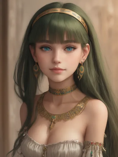 best quality, masterpiece, highres, solo, {cleopatra_fgo:1.15}, long_hair, hairband, jewelry, green_hair, earrings, bangs, breasts, green_eyes, smile, very_long_hair, hoop_earrings, blunt_bangs, necklace, 1girl, choker, closed_mouth, looking_at_viewer, bare_shoulders, collarbone, makeup, blue_eyes, blush, sparkle